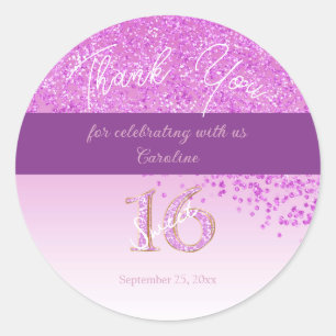 Sticker Rond Doux 16 Merci chute Parties scintillant rose