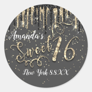 Sticker Rond Doux Confetti Gold du 16e Parti à gouttes de gris 