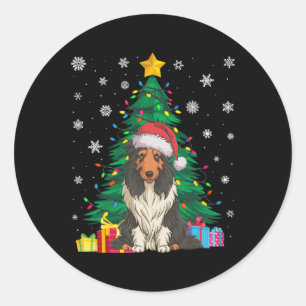 Sticker Rond Doux moche Xmas Lumières Arbre Porté Collie Chien