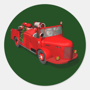 Sticker Rond Doux Père Noël dans un camion de pompiers