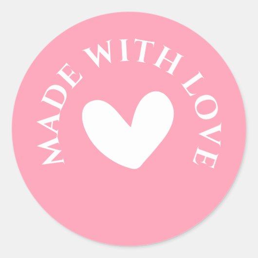 Sticker Rond Doux Rose "Fabriqué avec Amour" (Devant)