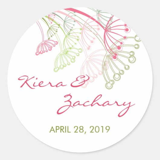 Sticker Rond Doux rose vert Dandelion Fleurs Mariage d'été (Devant)