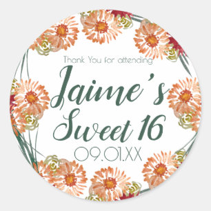 Sticker Rond Douze Ans Sucrés Fleur Aquarelle Vert Pêche