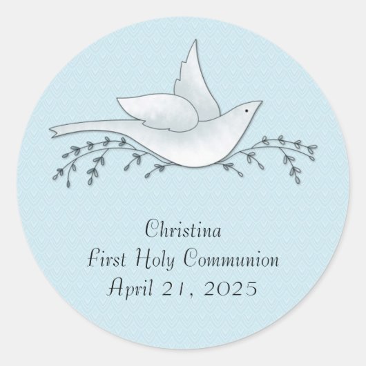 Sticker Rond Dove avec Branches, Bleu, Première Communion (Devant)
