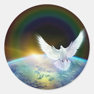Sticker Rond Dove of peace holy spirit over earth with Rainbow.