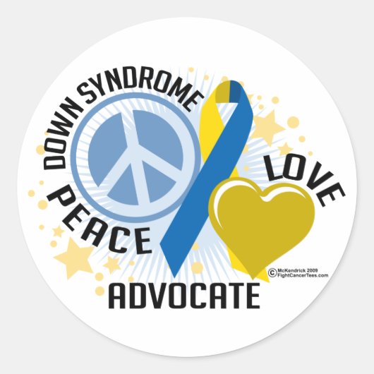 Sticker Rond Down Syndrome Peace Love Advocate (Devant)