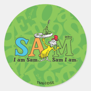 Sticker Rond Dr. Seuss Je suis Sam. Sam je suis.