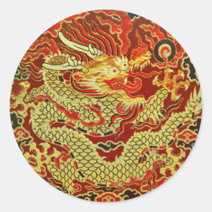 Sticker Rond Dragon asiatique doré brodé sur rouge foncé