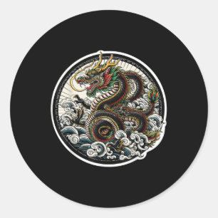Sticker Rond Dragon asiatique vert Lucky Tattoo Design coloré V