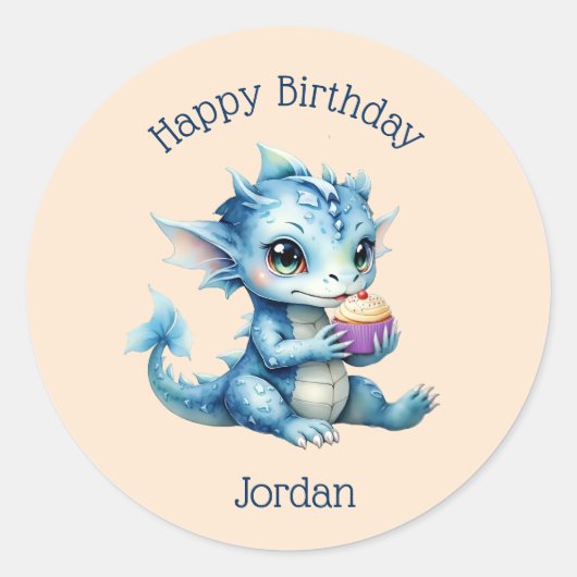 Sticker Rond Dragon Bébé Bleu Mange un Cupcake (Devant)