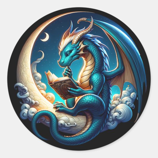 Sticker Rond Dragon Bookworm, Moonlight Reading Tee (Devant)