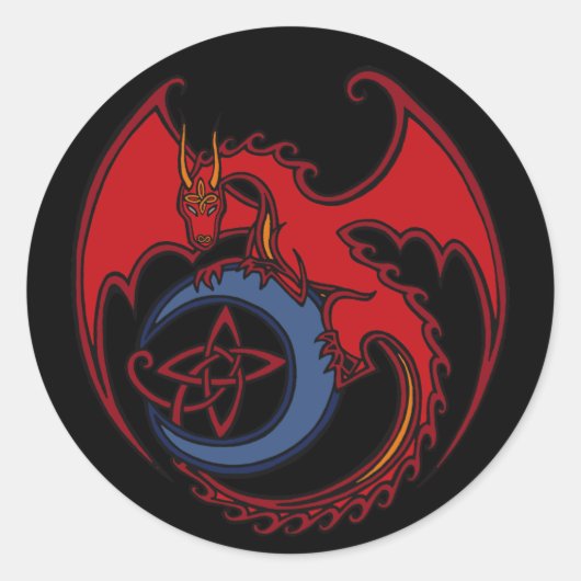 Sticker Rond Dragon Celtique Noir Rouge Et Dessin Lune Bleue (Devant)