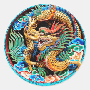 Sticker Rond Dragon chinois coloré Lotus Flower Art classique