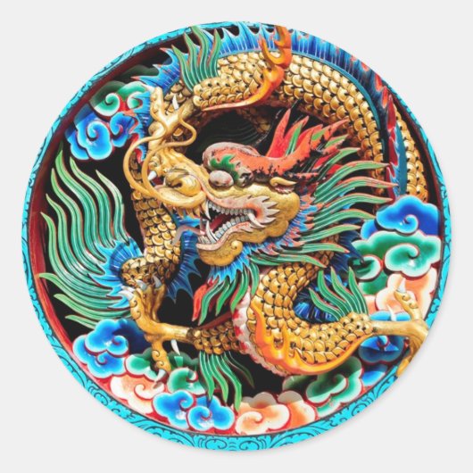 Sticker Rond Dragon chinois coloré Lotus Flower Art classique (Devant)