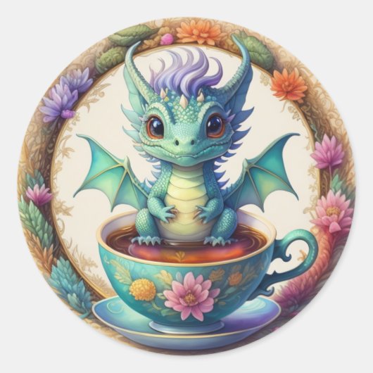 Sticker Rond Dragon de bébé rond dans une théière (Devant)