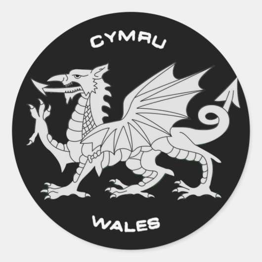 Sticker Rond Dragon de Galles (Cymru) en noir et gris (Devant)