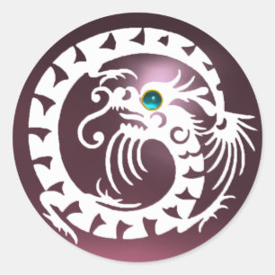 Sticker Rond DRAGON DE NAGE, améthyste rose blanc, bleu aquamar