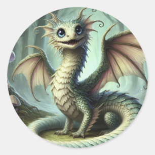 Sticker Rond Dragon Jabberwocky Mignon Créature Fantastique Art