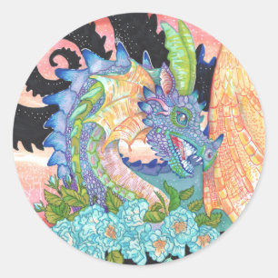 Sticker Rond Dragon Rose bleu Pastel