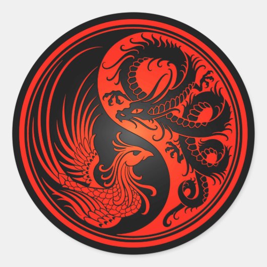 Sticker Rond Dragon rouge et noir Phoenix Yin Yang (Devant)