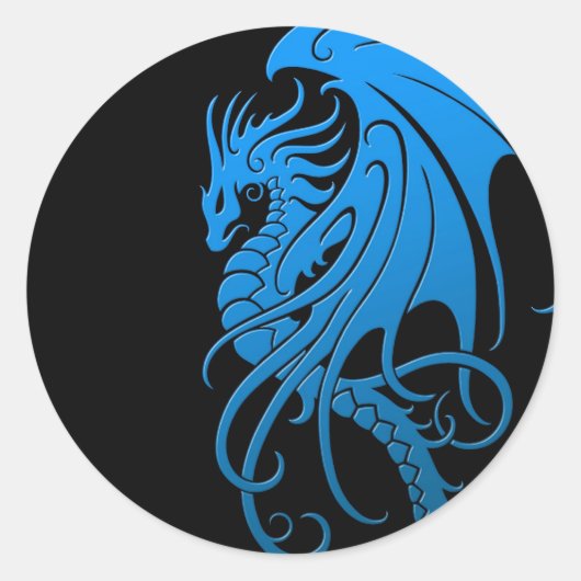 Sticker Rond Dragon tribal volant - bleu sur noir (Devant)