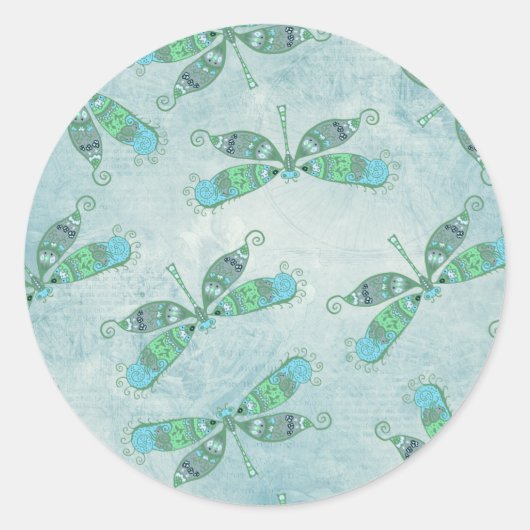 Sticker Rond Dragonflies Boho en bleu (Devant)