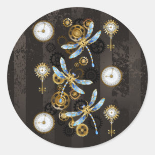 Sticker Rond Dragonflies de Steampunk sur arrière - plan rayé