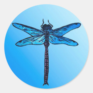 Sticker Rond Dragonfly japonaise vintage, bleu saphir