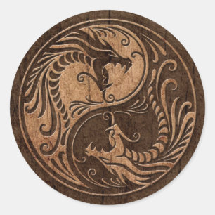 Sticker Rond Dragons de Yin Yang avec l'effet en bois de grain