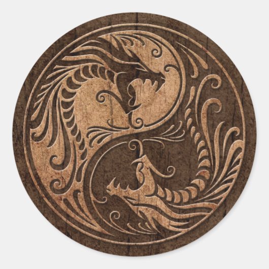 Sticker Rond Dragons Yin Yang avec effet Grain de Bois (Devant)