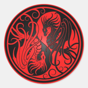 Sticker Rond Dragons Yin Yang - rouge et noir