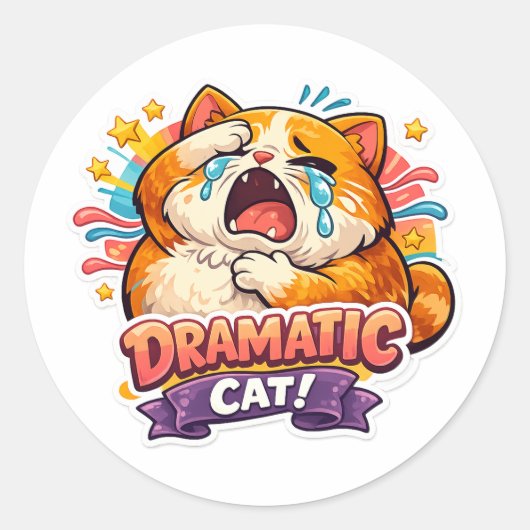 Sticker Rond Dramatic Cat Funny Crying Cartoon Art Reaction (Devant)