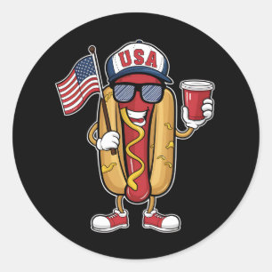 Sticker Rond Drapeau 4 juillet Hotdog Funny Patriotique USA