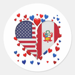 Sticker Rond Drapeau à cœur divisé USA Pérou Racines Péruvienne