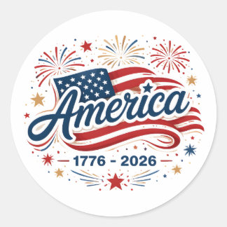 Sticker Rond Drapeau Américain 1776 2026 Feux d'Artifice Étoile