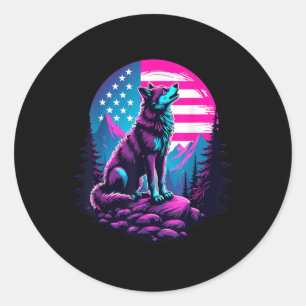 Sticker Rond Drapeau américain 4 juillet hurlant loup sous l'US