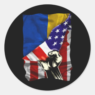 Sticker Rond Drapeau américain à moitié racines ukrainiennes Dr