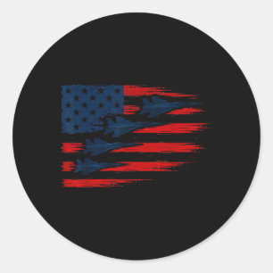 Sticker Rond Drapeau américain avec des avions de chasse patrio