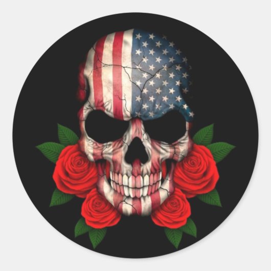 Sticker Rond Drapeau américain avec des roses rouges (Devant)