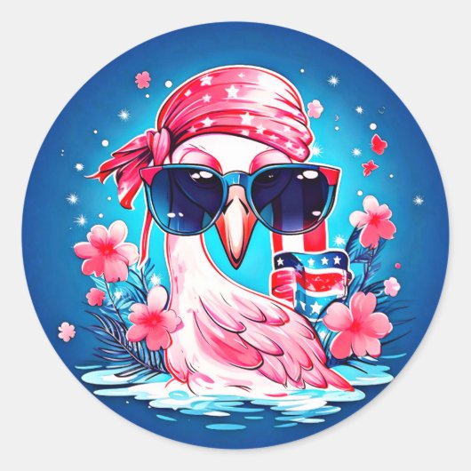 Sticker Rond Drapeau américain avec Flamant rose Cartoon-69681 (Devant)
