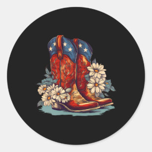 Sticker Rond Drapeau Américain Boots Et Bows 4 juillet Cowgirl 