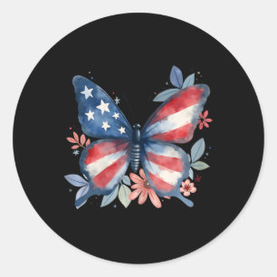 Sticker Rond Drapeau Américain Floral Papillon Usa 4 Juillet Fi