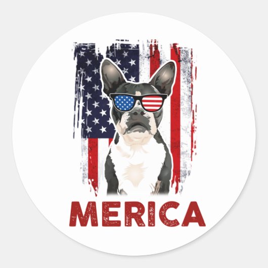 Sticker Rond Drapeau américain patriotique Boston Terrier Meric (Devant)