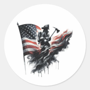 Sticker Rond Drapeau américain. Pompier