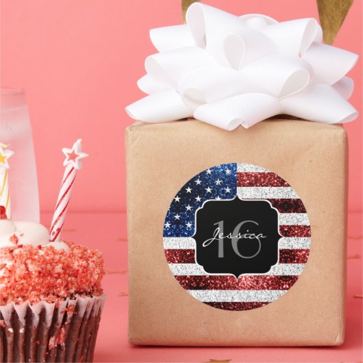 Sticker Rond Drapeau américain rouge blanc brillant parties sci (Fête)
