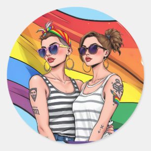 Sticker Rond Drapeau arc-en-ciel lesbien LGBTQ