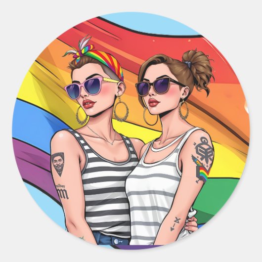 Sticker Rond Drapeau arc-en-ciel lesbien LGBTQ (Devant)