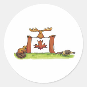Sticker Rond Drapeau canadien avec les orignaux, le castor et