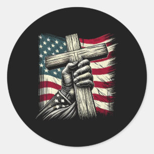 Sticker Rond Drapeau Chrétien Croix Et Usa 4 juillet Jésus