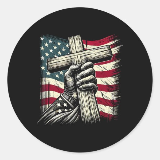Sticker Rond Drapeau Chrétien Croix Et Usa 4 juillet Jésus (Devant)